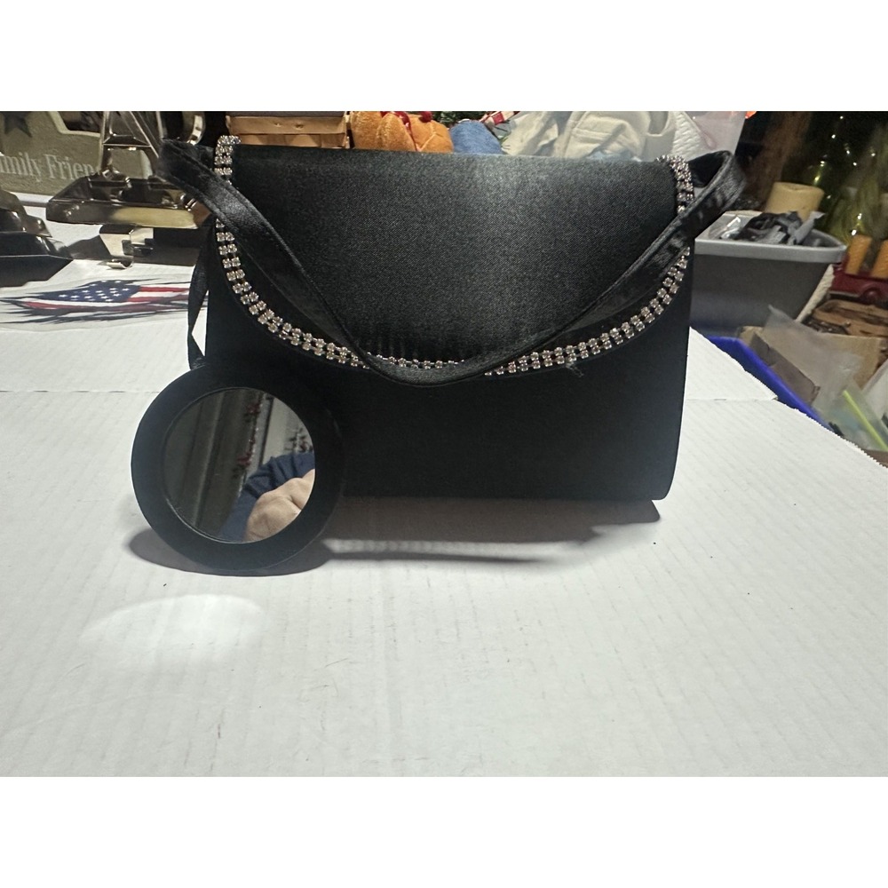 Vintage ADG Black Rhinestone Trimmed Satin Evening Bag. Holiday. Festive.